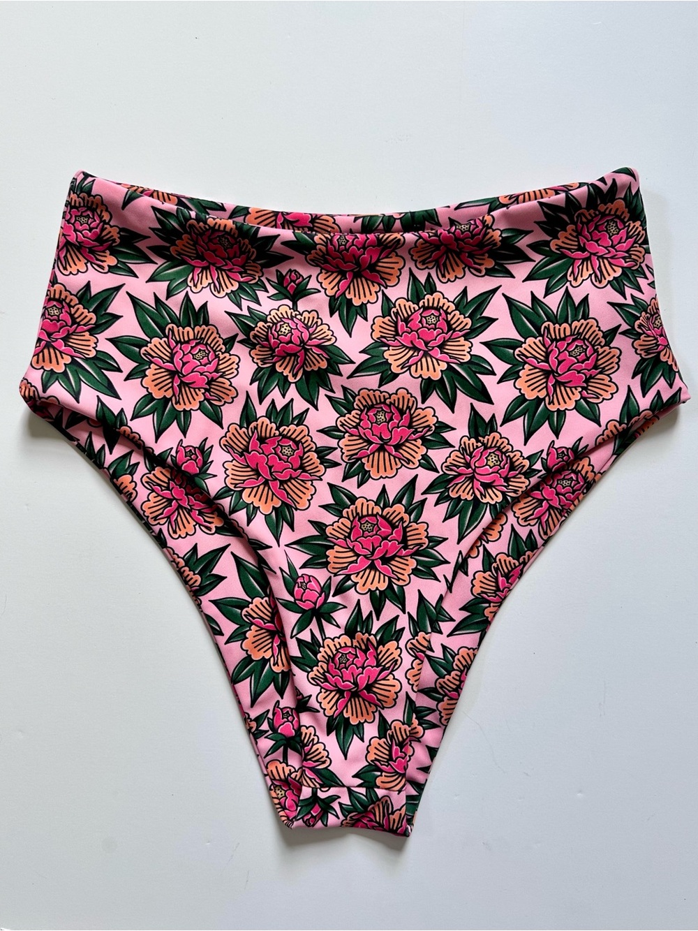 High-Waist peony Bikini Bottoms pink tattoo style